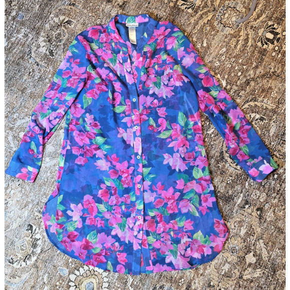 Tommy Bahama Blue Floral Sheer Swimsuit Cover-Up Button Front Roll Tab Sleeve S - Picture 6 of 9